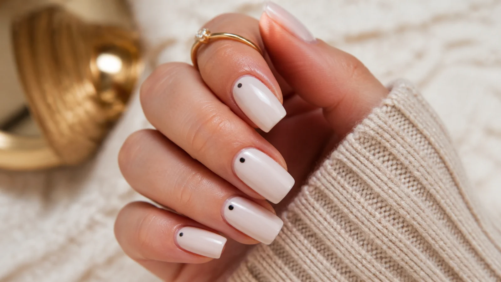 Short coffin nails in bone nude with small black dots near the cuticle
