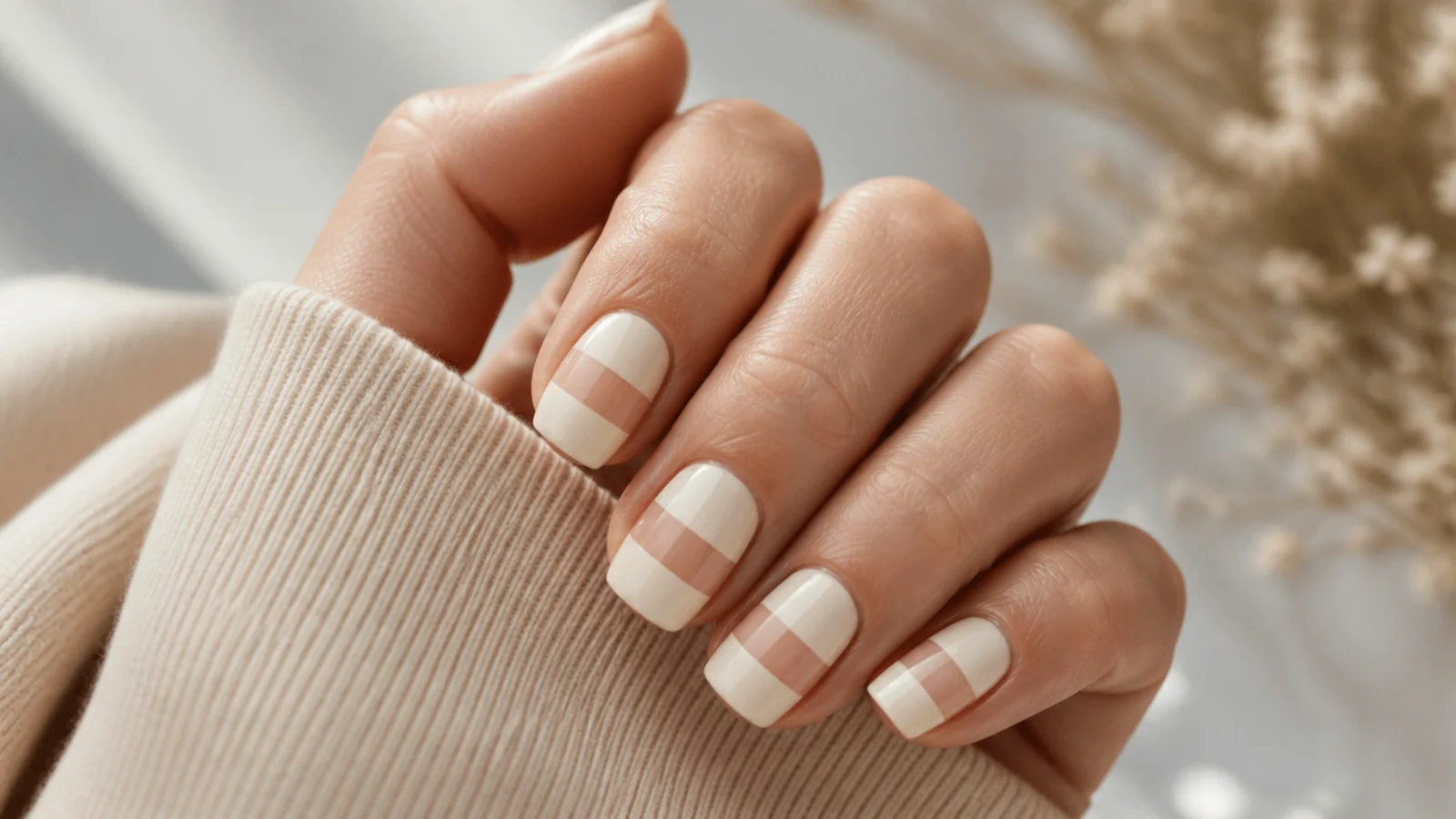 Short coffin nails with a bare stripe of natural nail between two blocks of cream polish