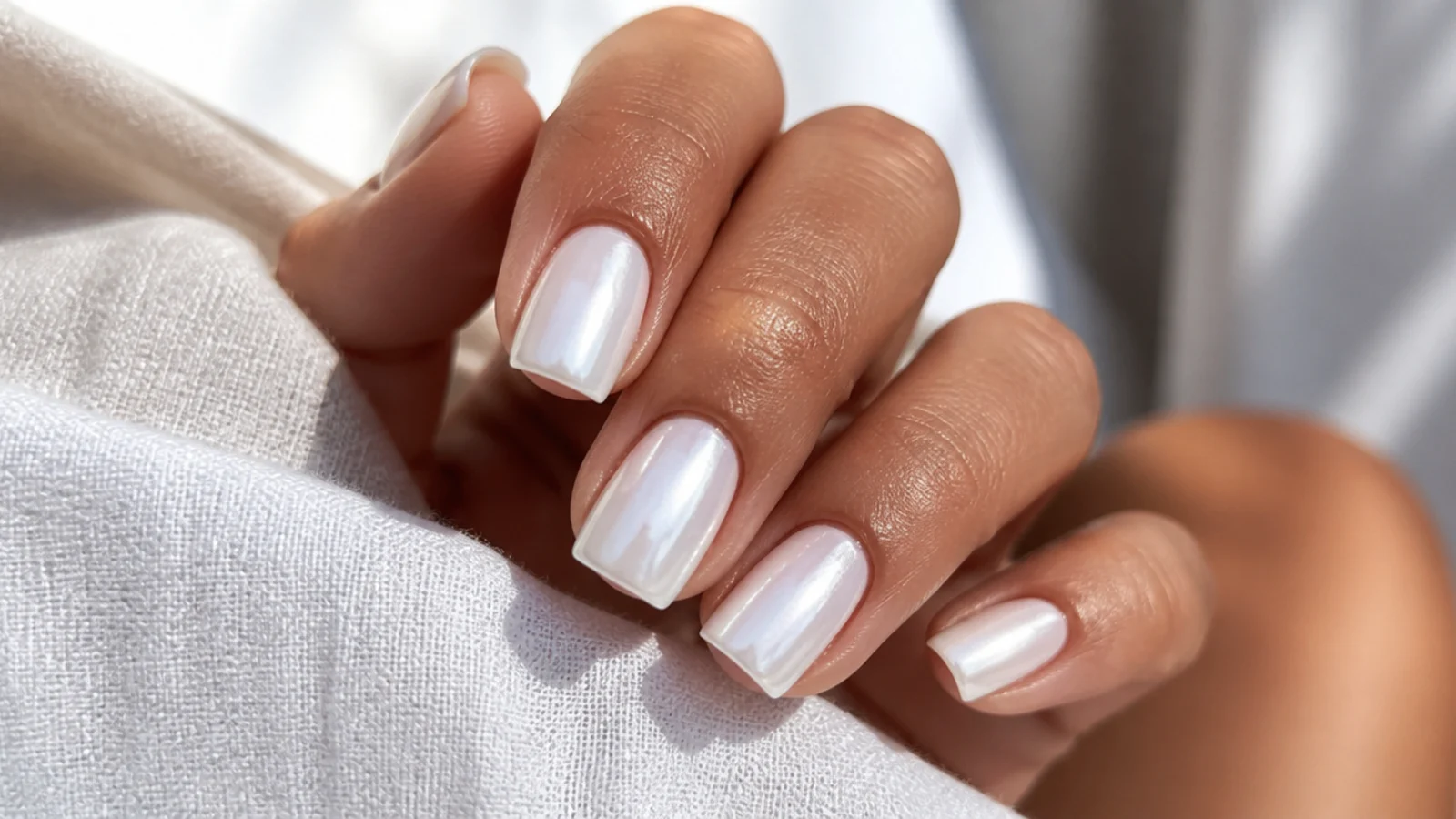 Short coffin nails in pearly white chrome with a mirror-like glazed finish