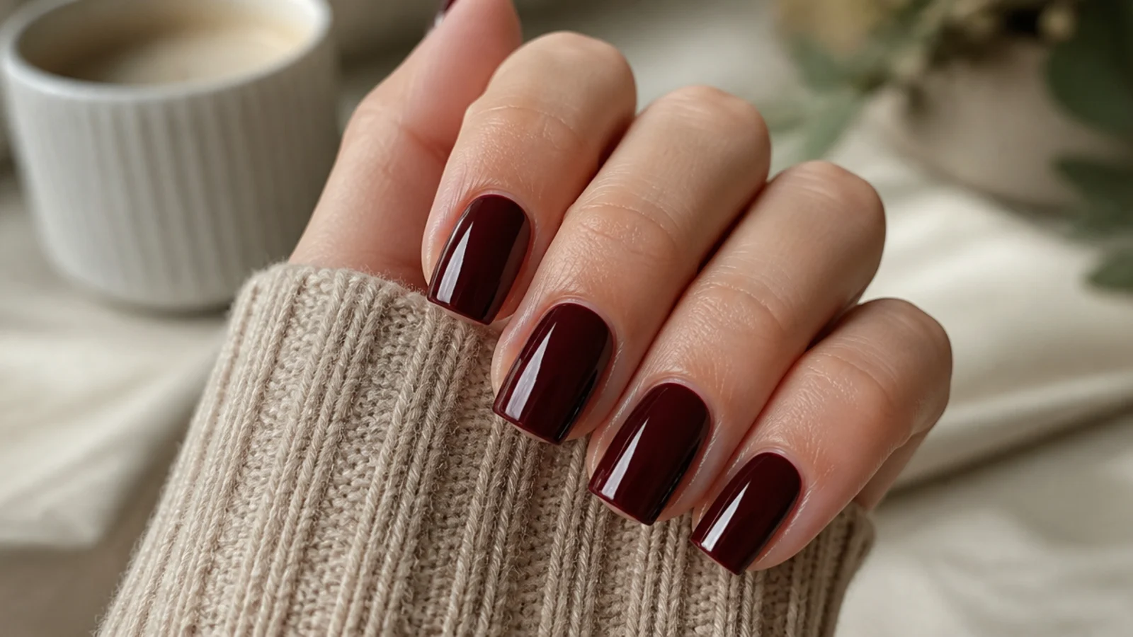 Short coffin nails in deep glossy burgundy with a flat squared tip