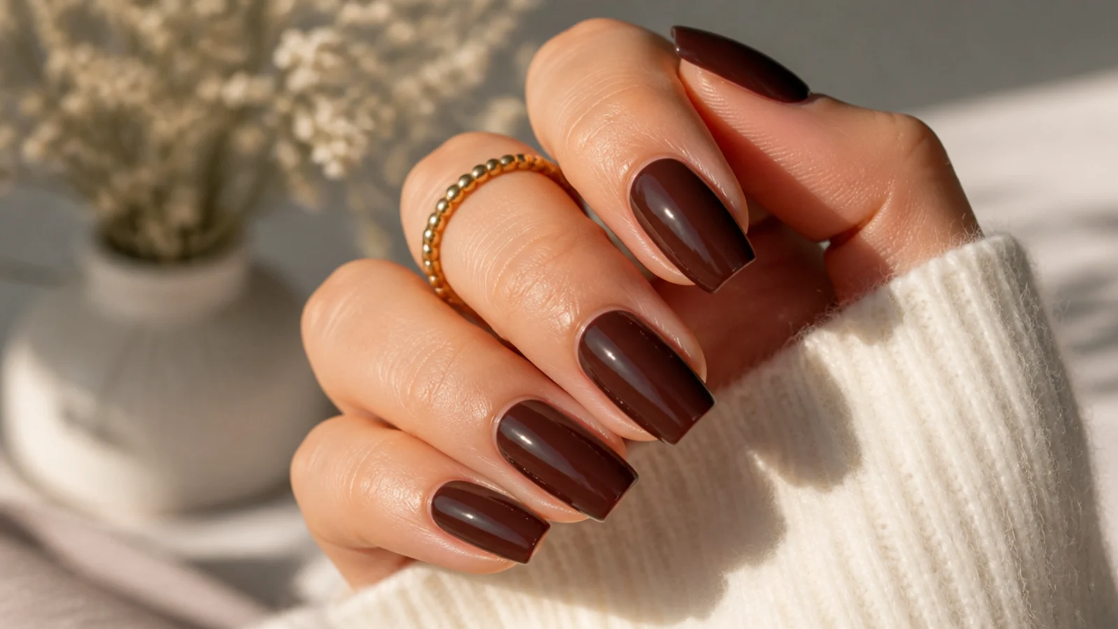 Short coffin nails in rich espresso brown with a glossy finish