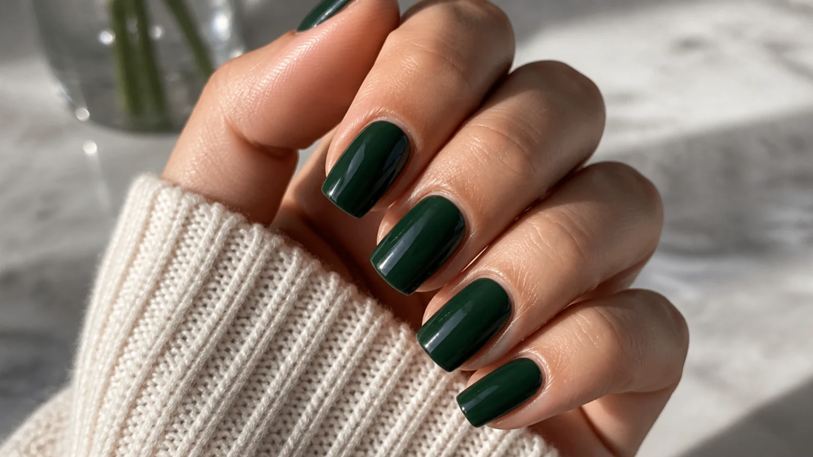 Short coffin nails in deep forest green with a high gloss top coat