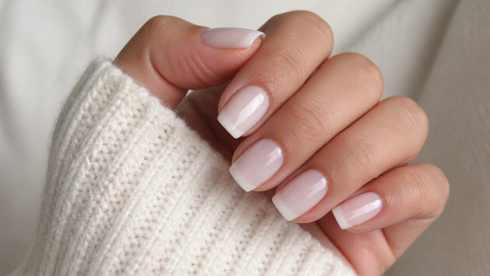 Short coffin nails in translucent milky white showing the natural nail through