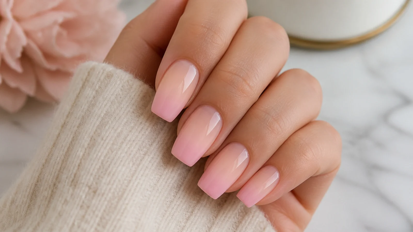 Short coffin nails fading from nude at the cuticle to soft pink at the flat tip