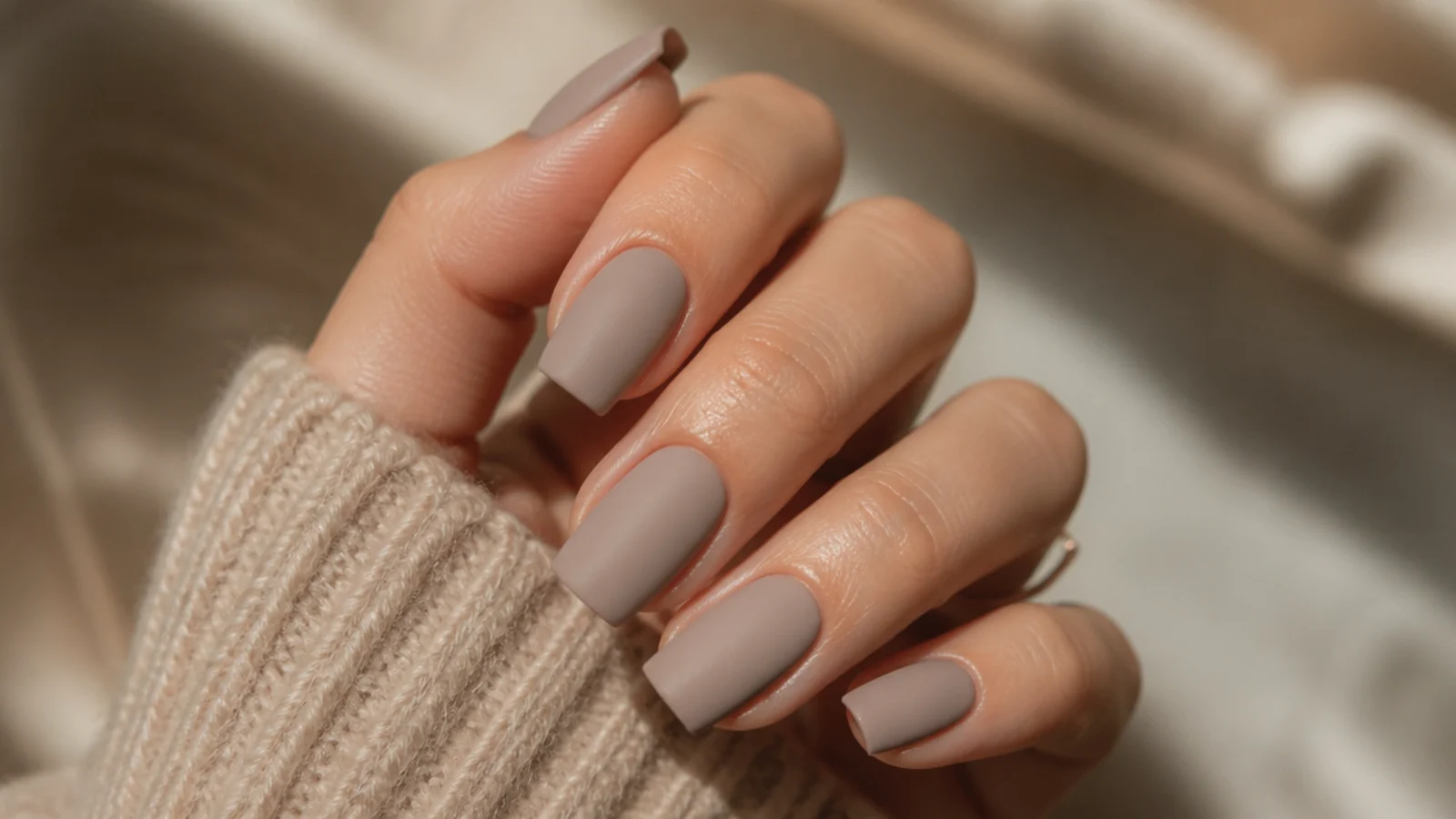 Short coffin nails in a matte greige nude with a velvet finish