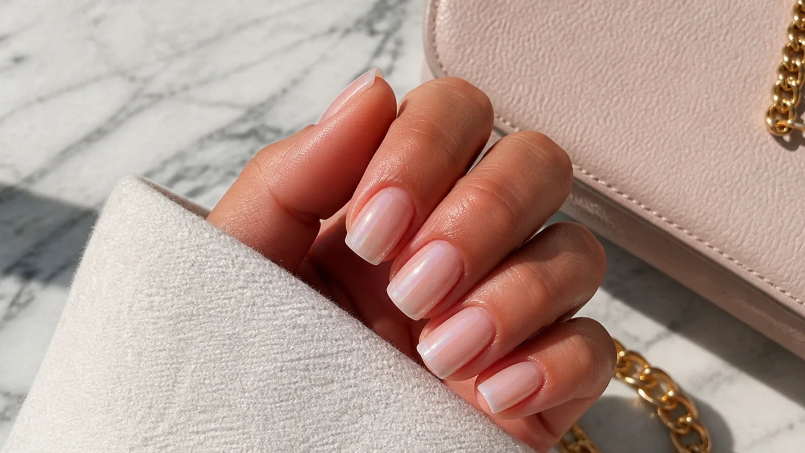Short coffin nails with a sheer glazed soap-bubble finish and high shine