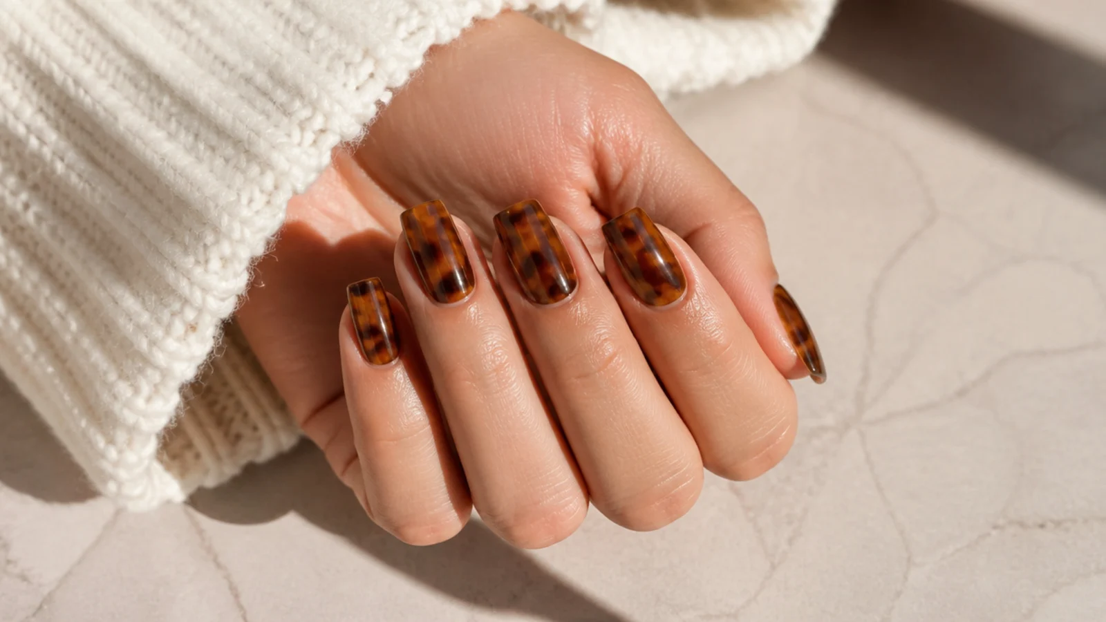 Short coffin nails in amber and dark brown tortoiseshell pattern
