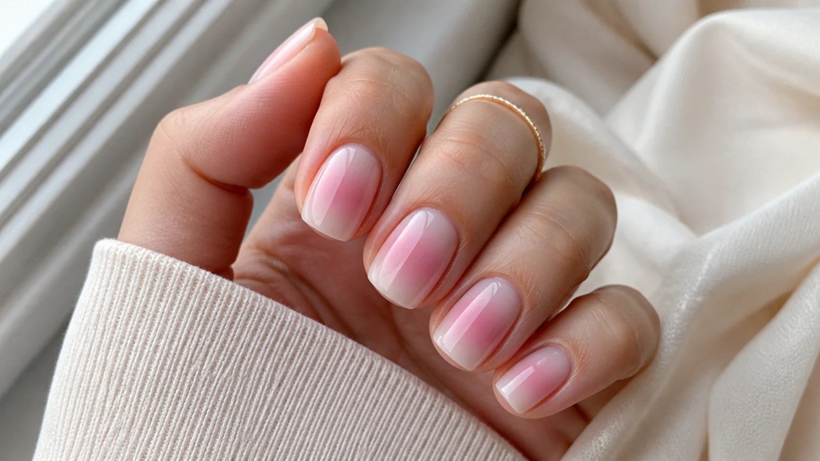 Short coffin nails with a soft blush halo airbrushed at the center of each nail