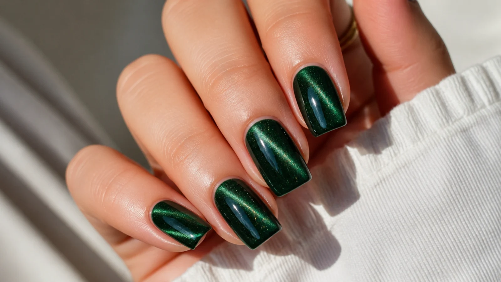 Short coffin nails in dark green cat eye gel with a bright magnetic light strip