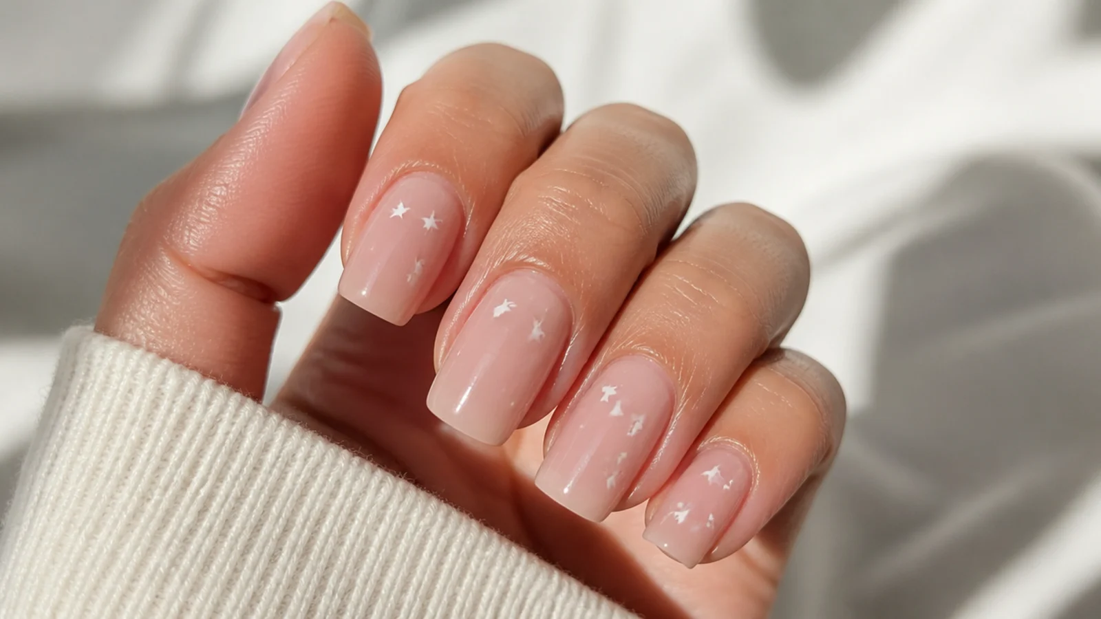 Short coffin nails in sheer nude with tiny white hand-painted stars