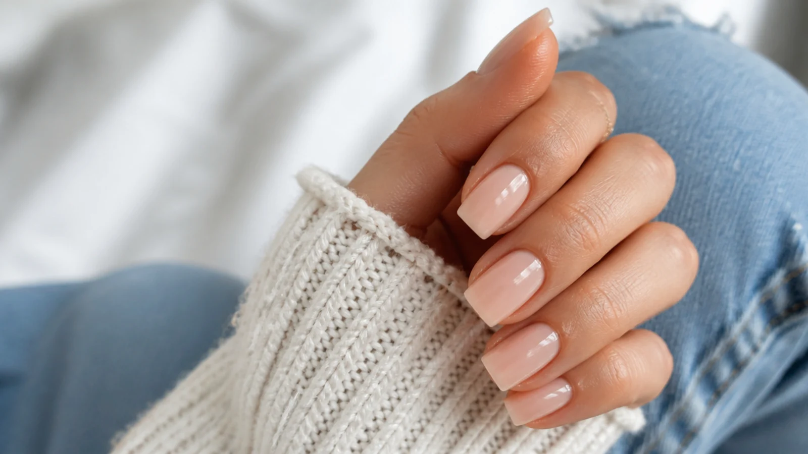 Short coffin nails in milky nude with a crisp flat tip and tapered sidewalls