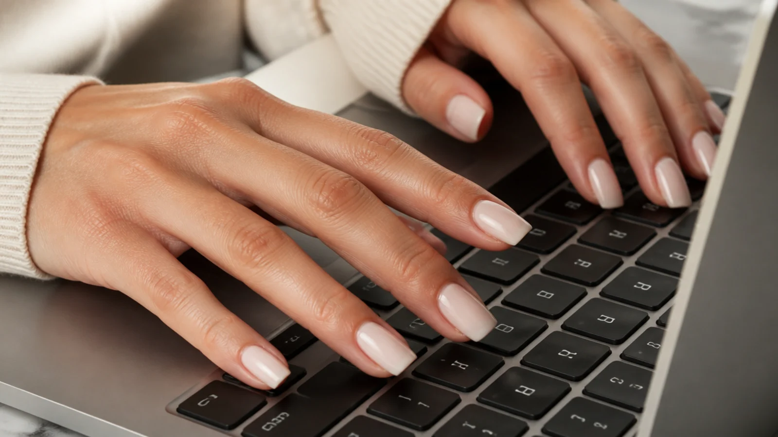 Short coffin nails in milky nude typing on a laptop keyboard