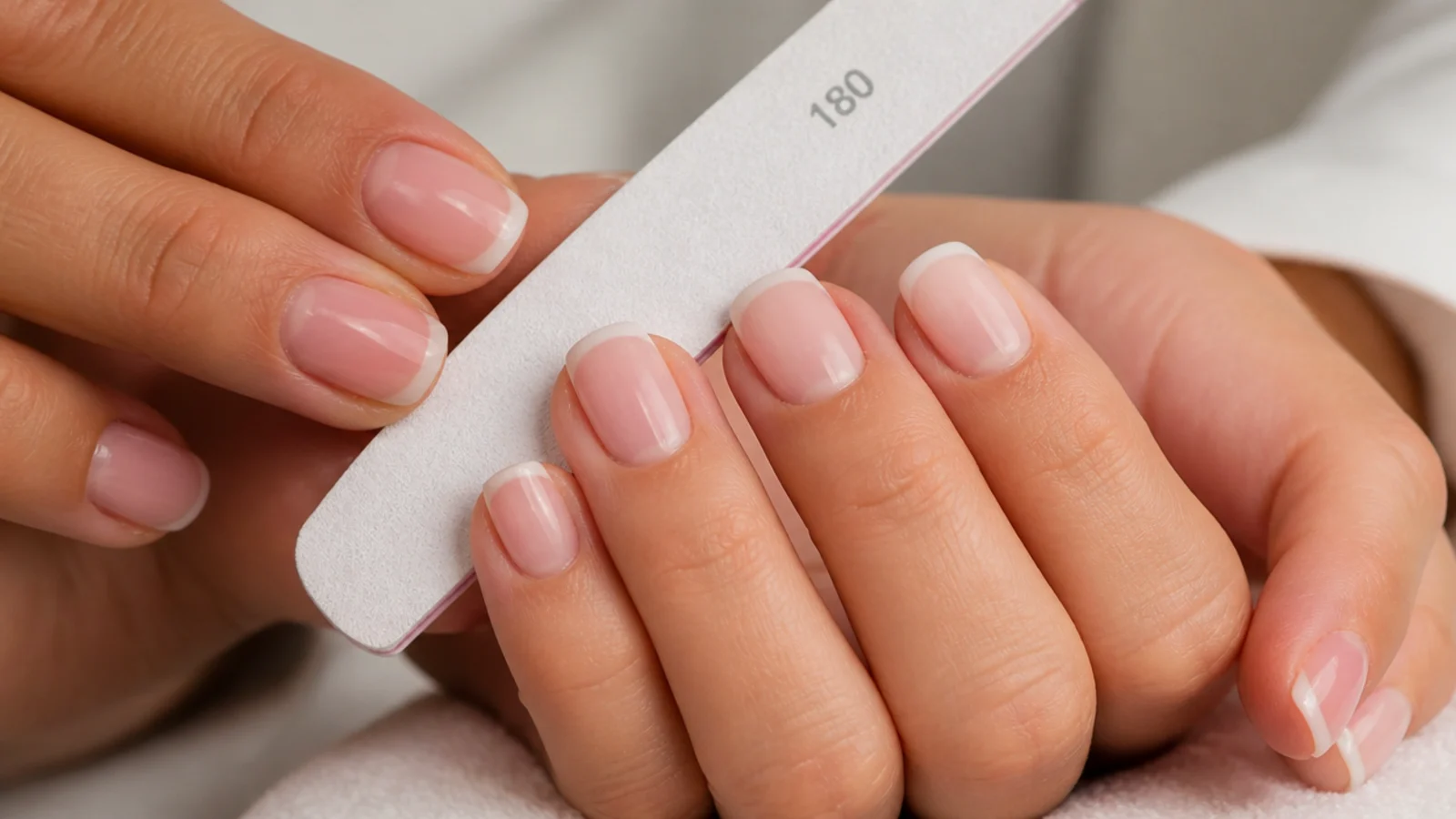 A nail tech filing a short coffin shape with a 180 grit file