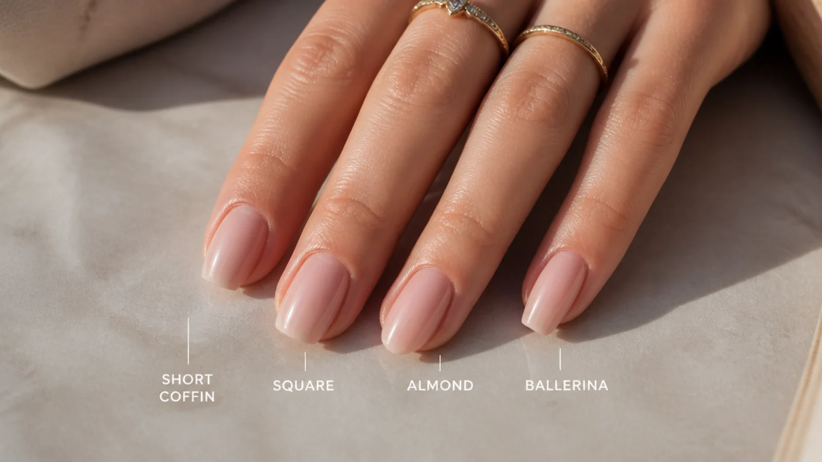 Short coffin nail beside a square, an almond and a ballerina nail for shape comparison