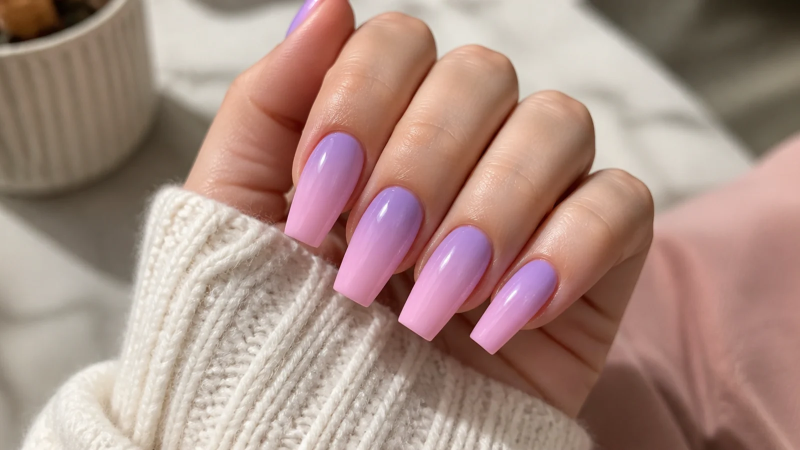 Medium coffin acrylic nails blended from lilac at the cuticle to baby pink at the tip