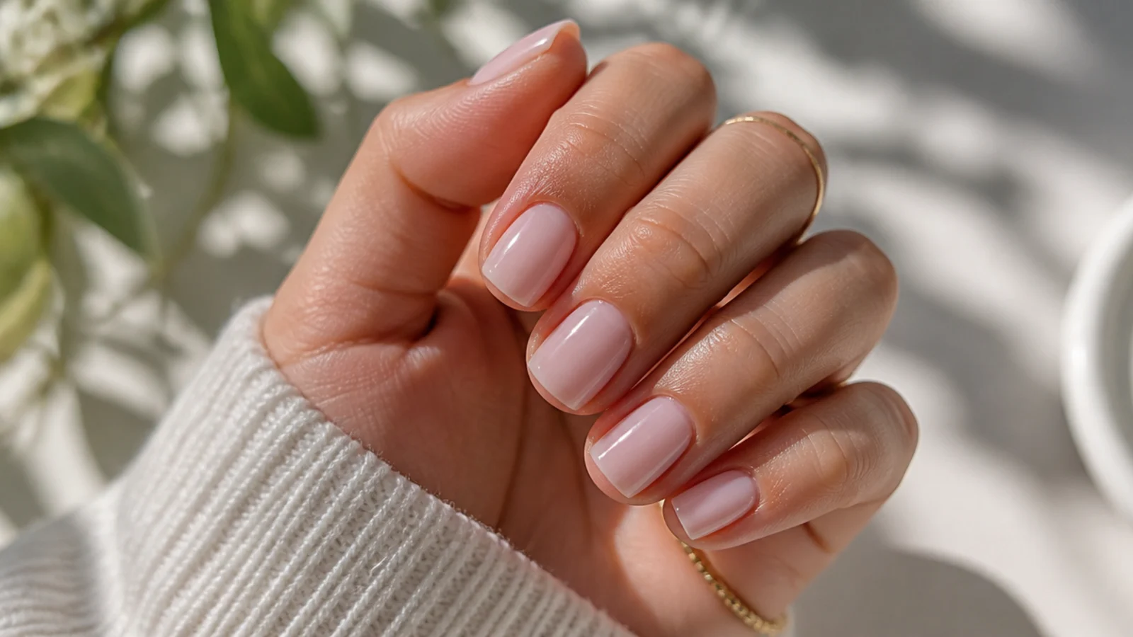 Short square acrylic nails in translucent milky pink with a high gloss finish