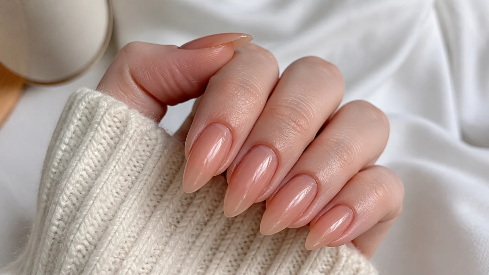 Medium almond acrylic nails in translucent peach jelly with the nail bed visible through the tip