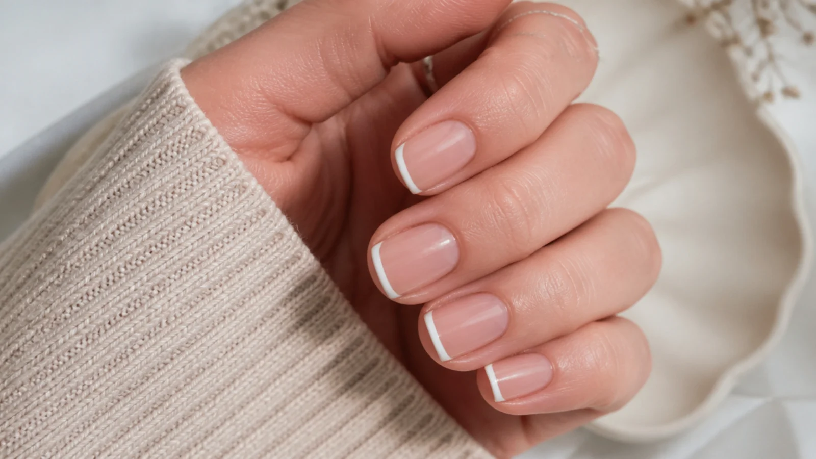 Short square acrylic nails with a hairline white micro French tip on a bare nude base