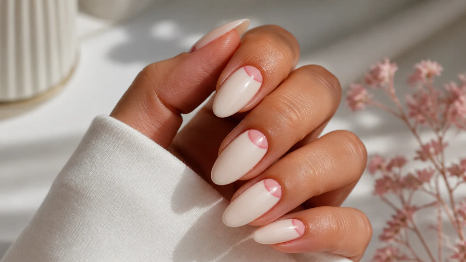 Almond acrylic nails with a curved pink band of color at the cuticle instead of the tip