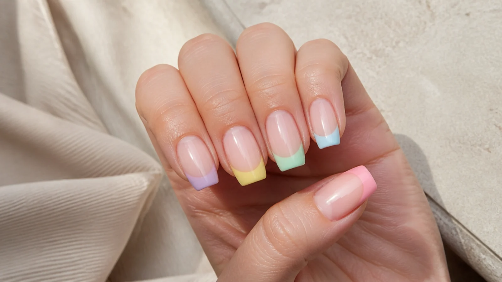 Short coffin acrylic nails with each tip painted a different pastel color across five fingers