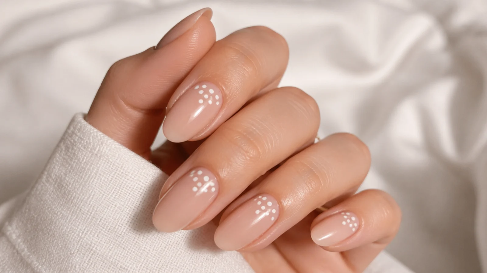 Nude acrylic nails with tiny white dots clustered near the cuticle in uneven groupings