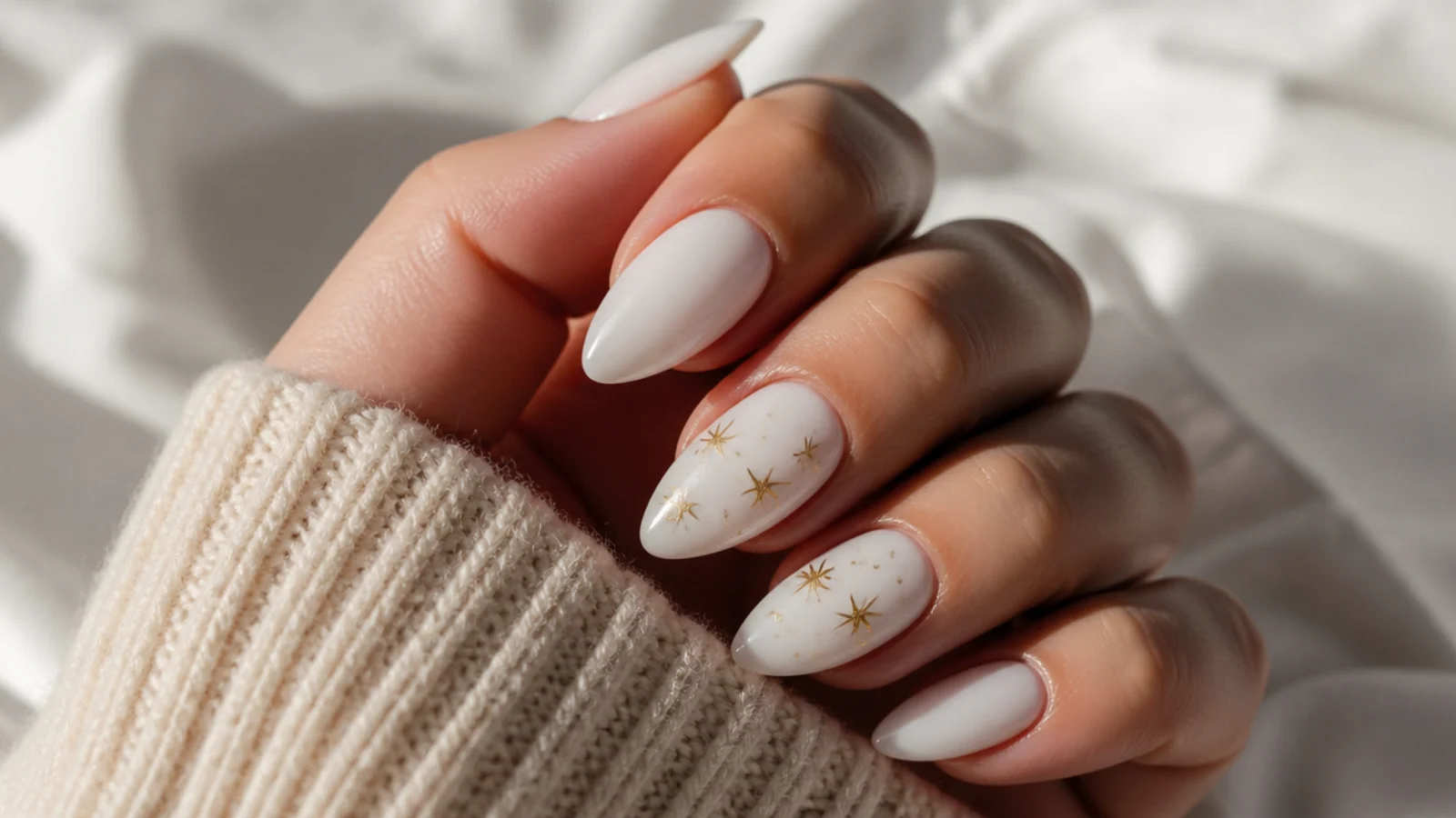 Milky white acrylic nails with tiny gold hand-painted stars scattered on two accent nails