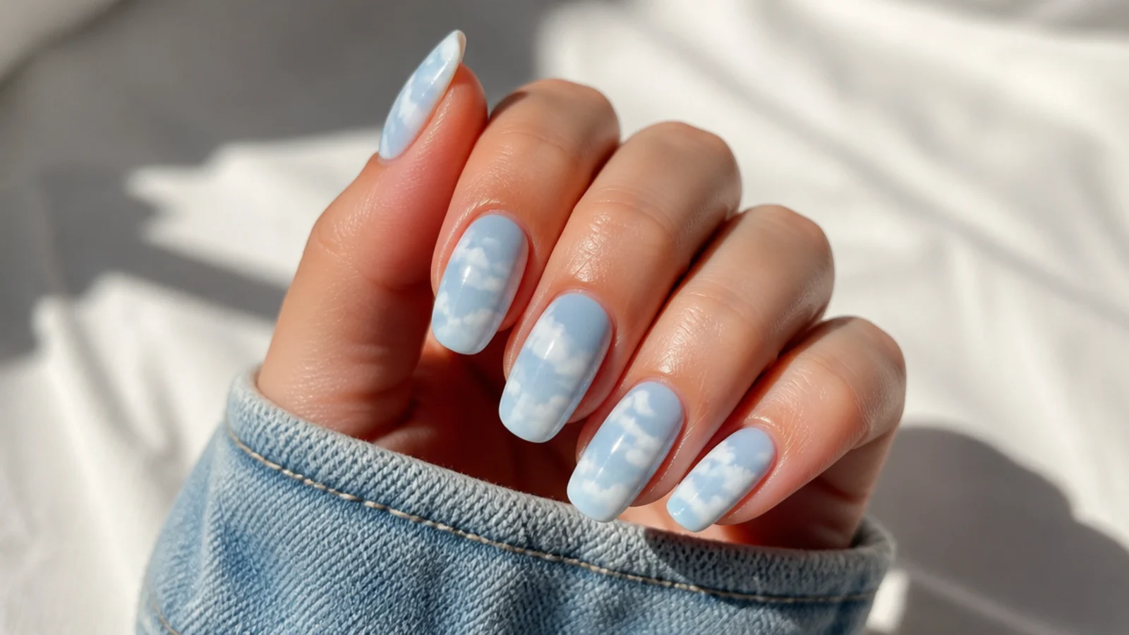 Baby blue acrylic nails with soft white airbrushed clouds fading into the base color