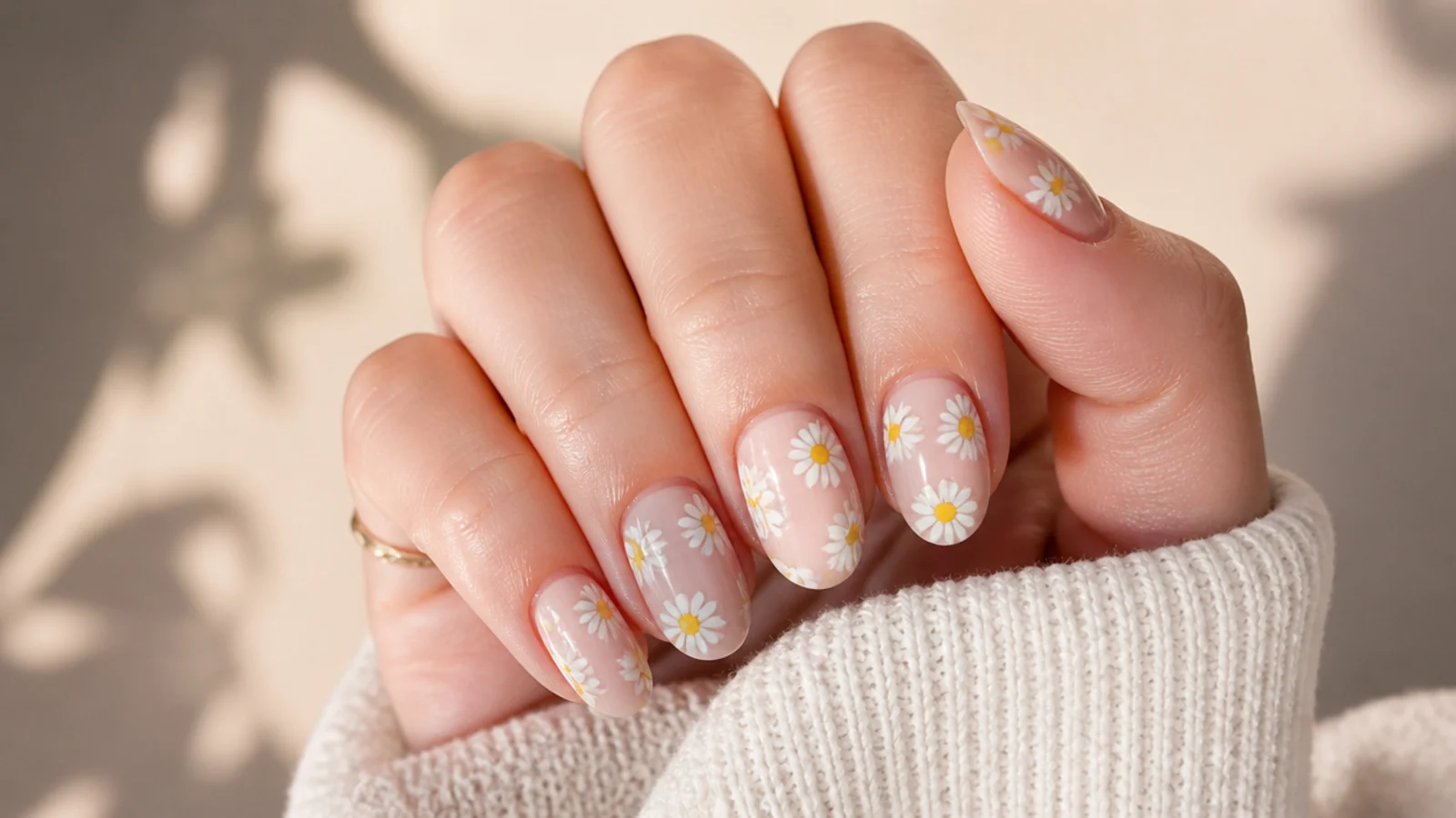 Short almond acrylic nails with small white daisies and yellow centers on a sheer nude base