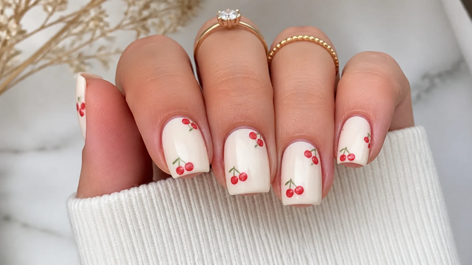 Short square acrylic nails with small red cherries and green stems on a cream base