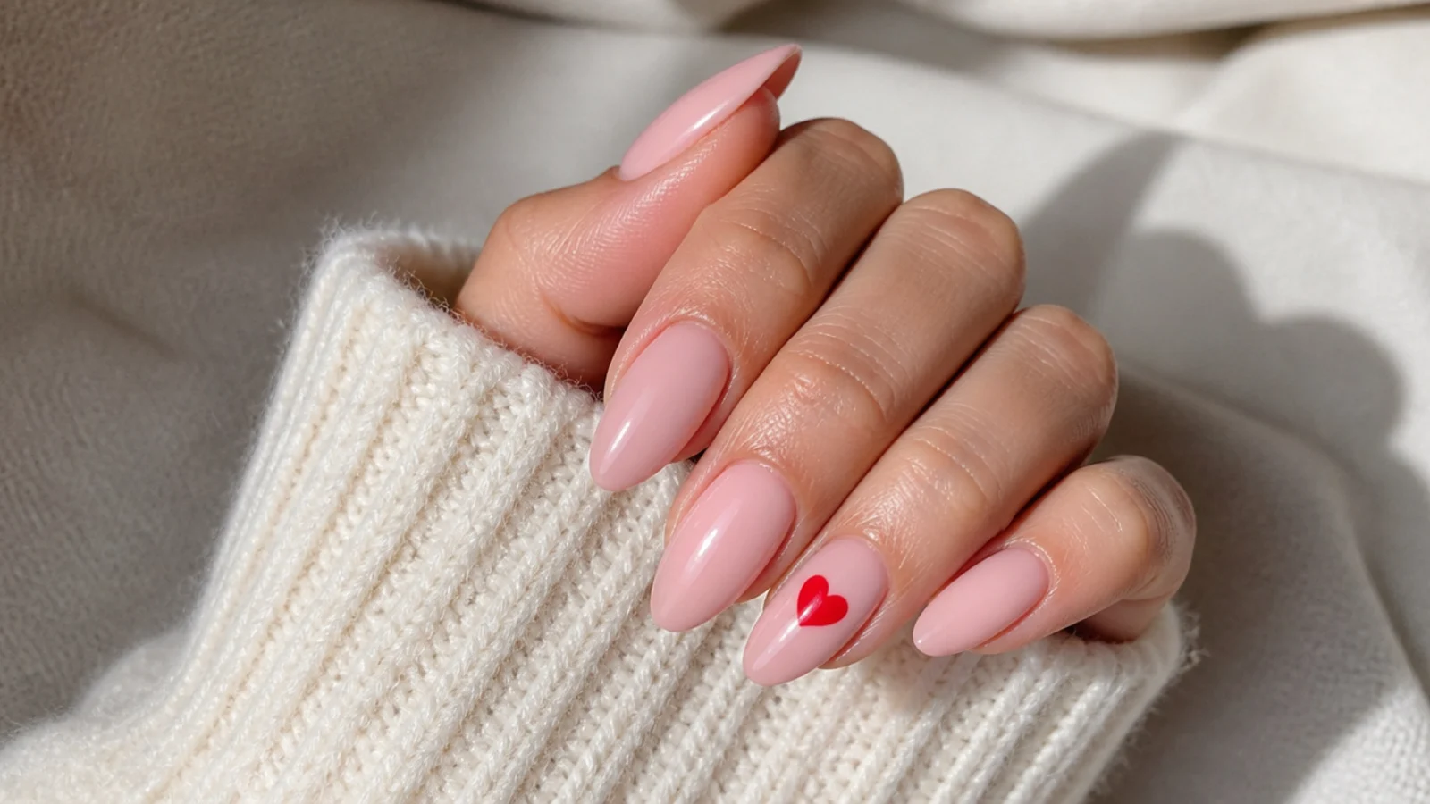 Pink acrylic nails with a single glossy red heart painted on one accent nail