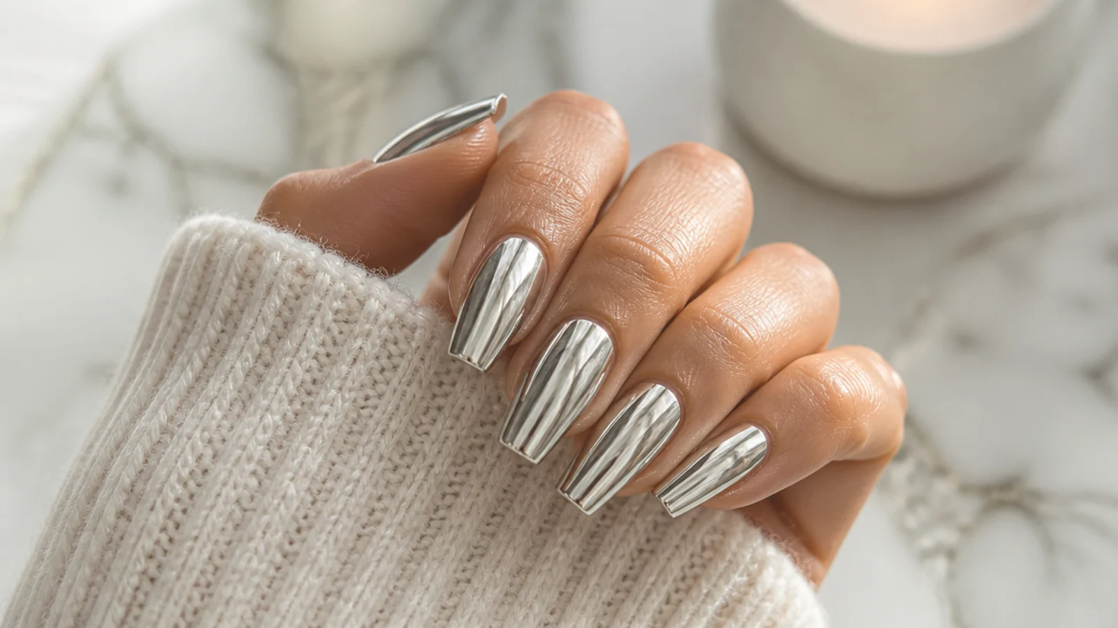 Medium coffin acrylic nails with a liquid silver mirror chrome finish