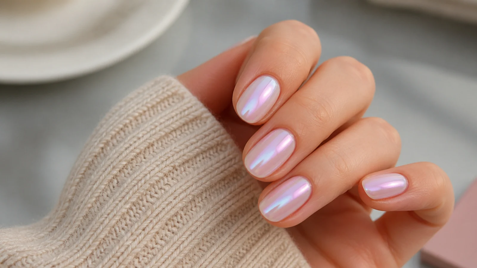 Short almond acrylic nails with an iridescent pearl glaze shifting pink and blue in the light