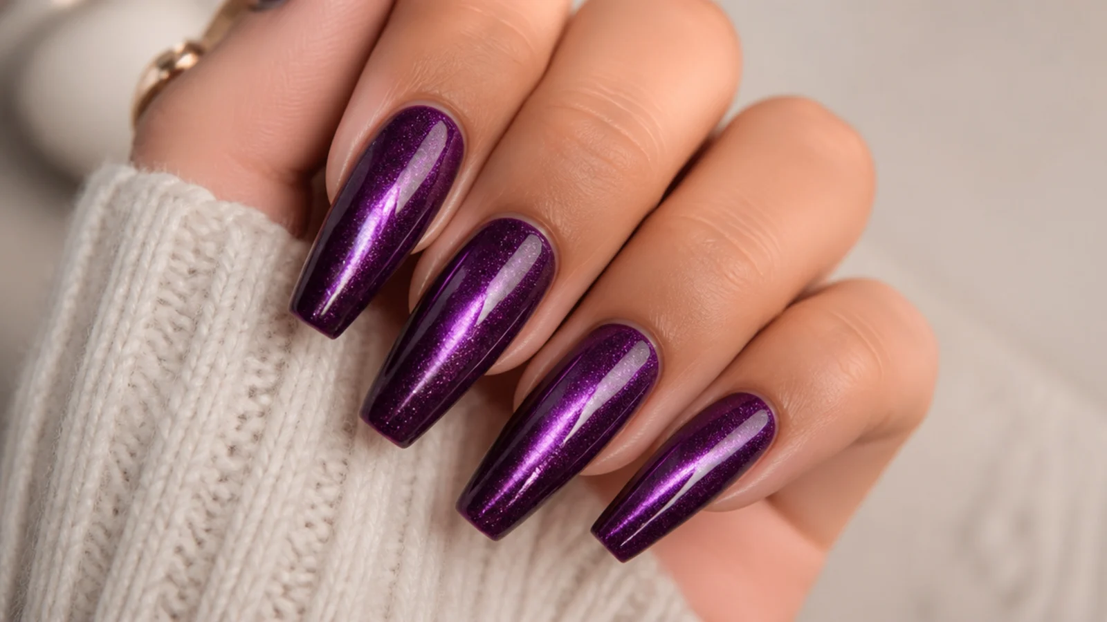 Coffin acrylic nails in deep violet with a bright magnetic cat eye stripe running down each nail