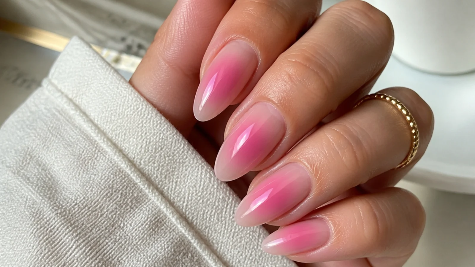 Almond acrylic nails with a pink airbrushed aura halo glowing from the center of a nude base
