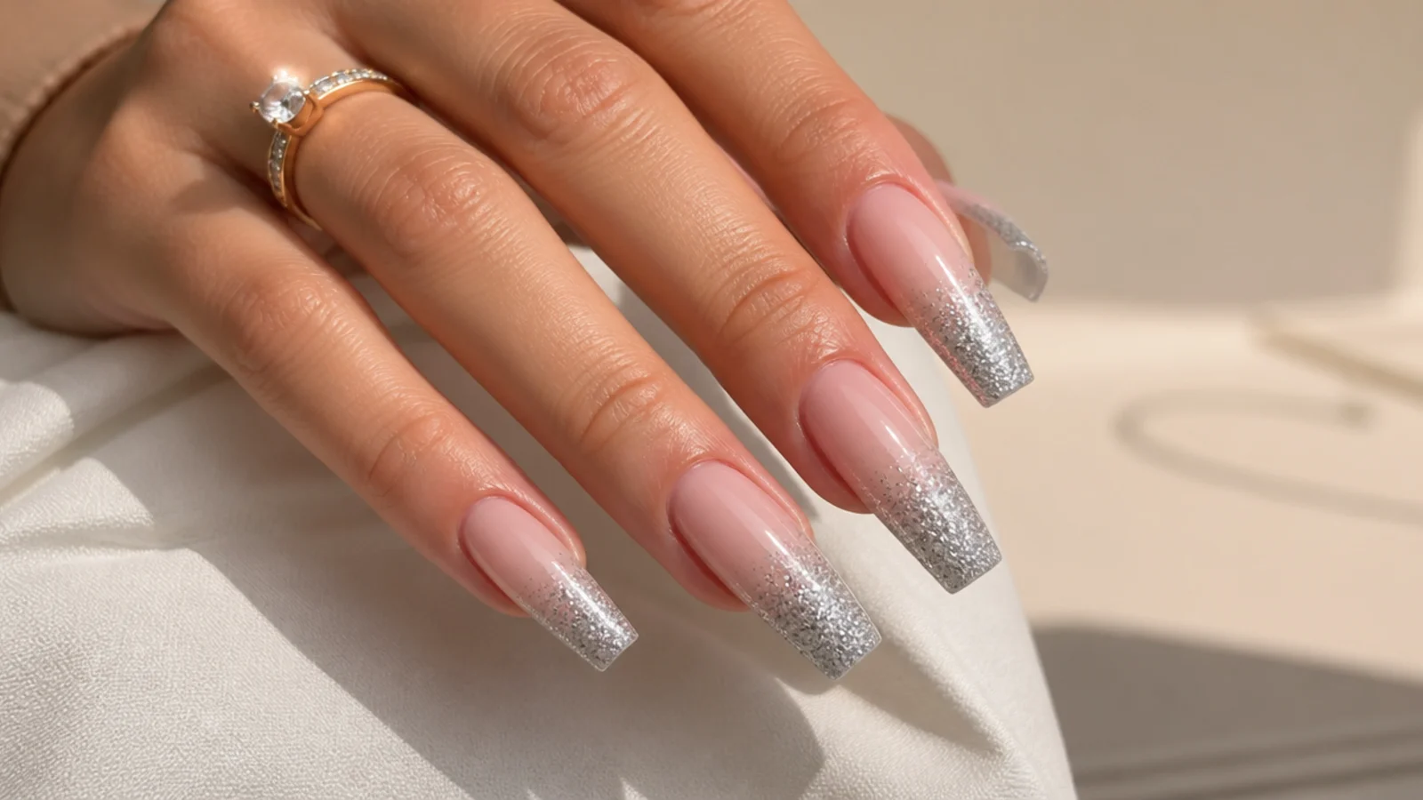 Long coffin acrylic nails with silver glitter densest at the tip fading toward a nude base