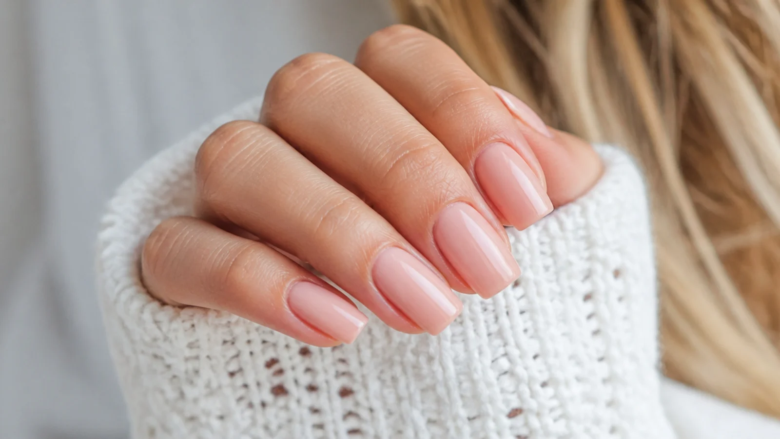 Short coffin acrylic nails in soft nude with tapered sidewalls and a flat squared tip