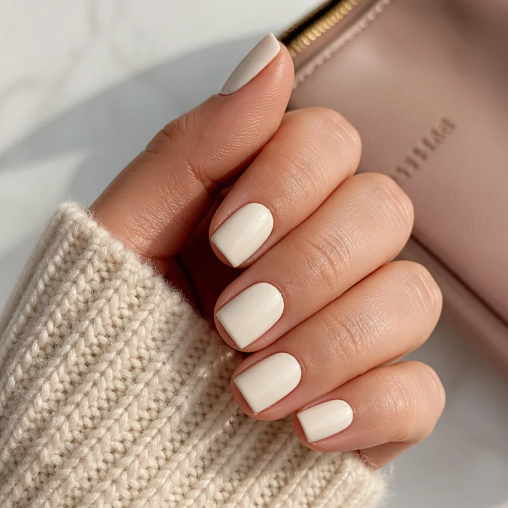Short square acrylic nails in glossy cream with sharp corners and a flat straight tip