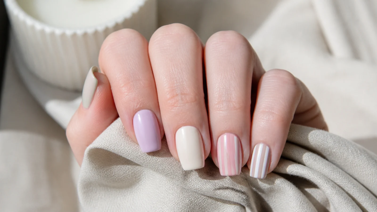 Short coffin acrylic nails each in a different pastel shade with one accent nail striped