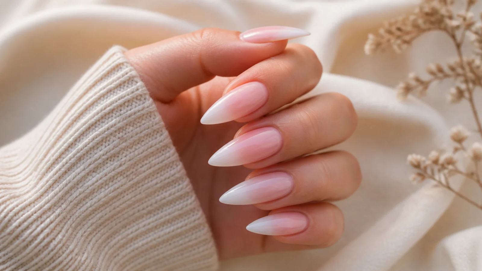 Long stiletto acrylic nails tapering to a point with a pink to white ombre fade at the tips