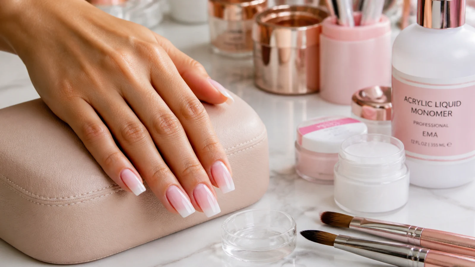 Nail salon station with acrylic monomer, powder jars, brushes and a hand rest for a full set