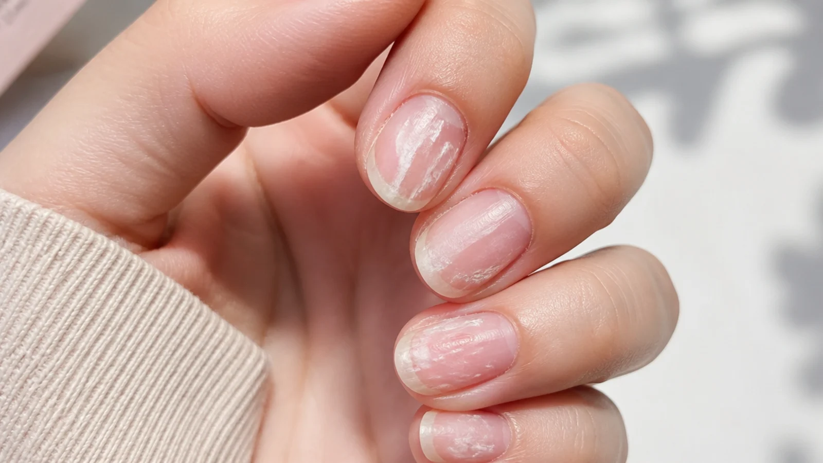 Close-up of a thinned natural nail plate after acrylic was peeled off instead of soaked off