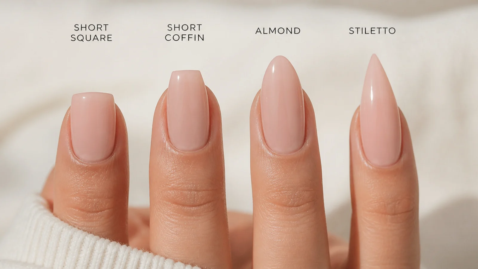 Four acrylic nail shapes compared side by side: short square, short coffin, almond and stiletto
