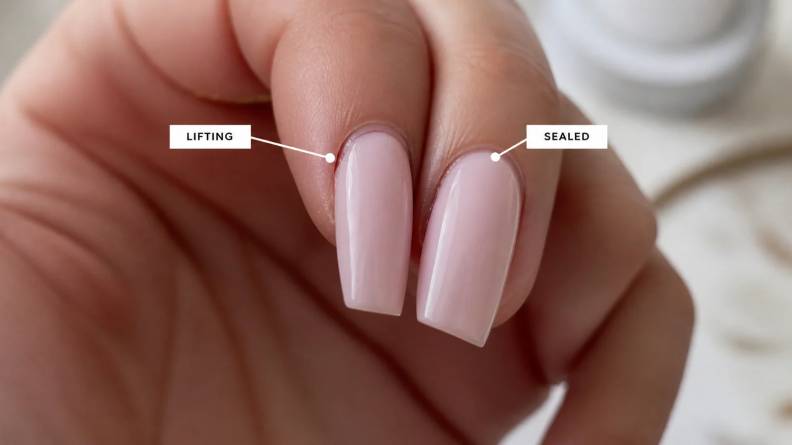 Two acrylic nails compared, one lifting at the cuticle and one sealed flush to the nail plate