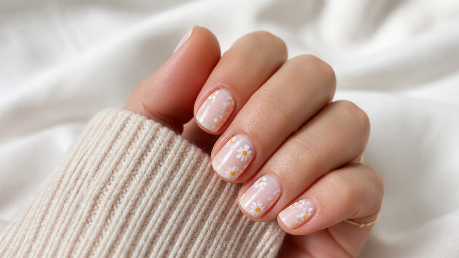Milky white short nails with tiny hand painted white daisies and yellow centers