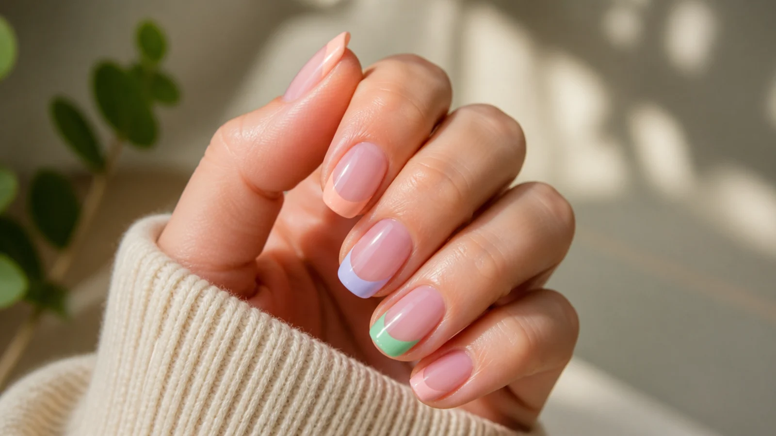 Sheer pink nails with mismatched pastel mint lilac and peach French tips
