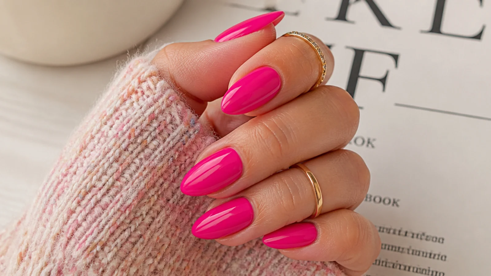 Medium almond nails in bright Barbie pink with a high gloss cream finish