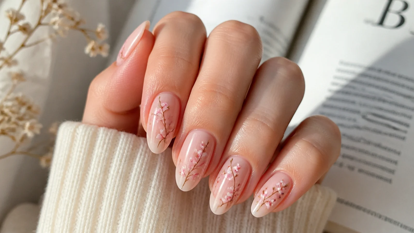 Sheer nude nails with pale pink cherry blossom branches painted in fine brown lines