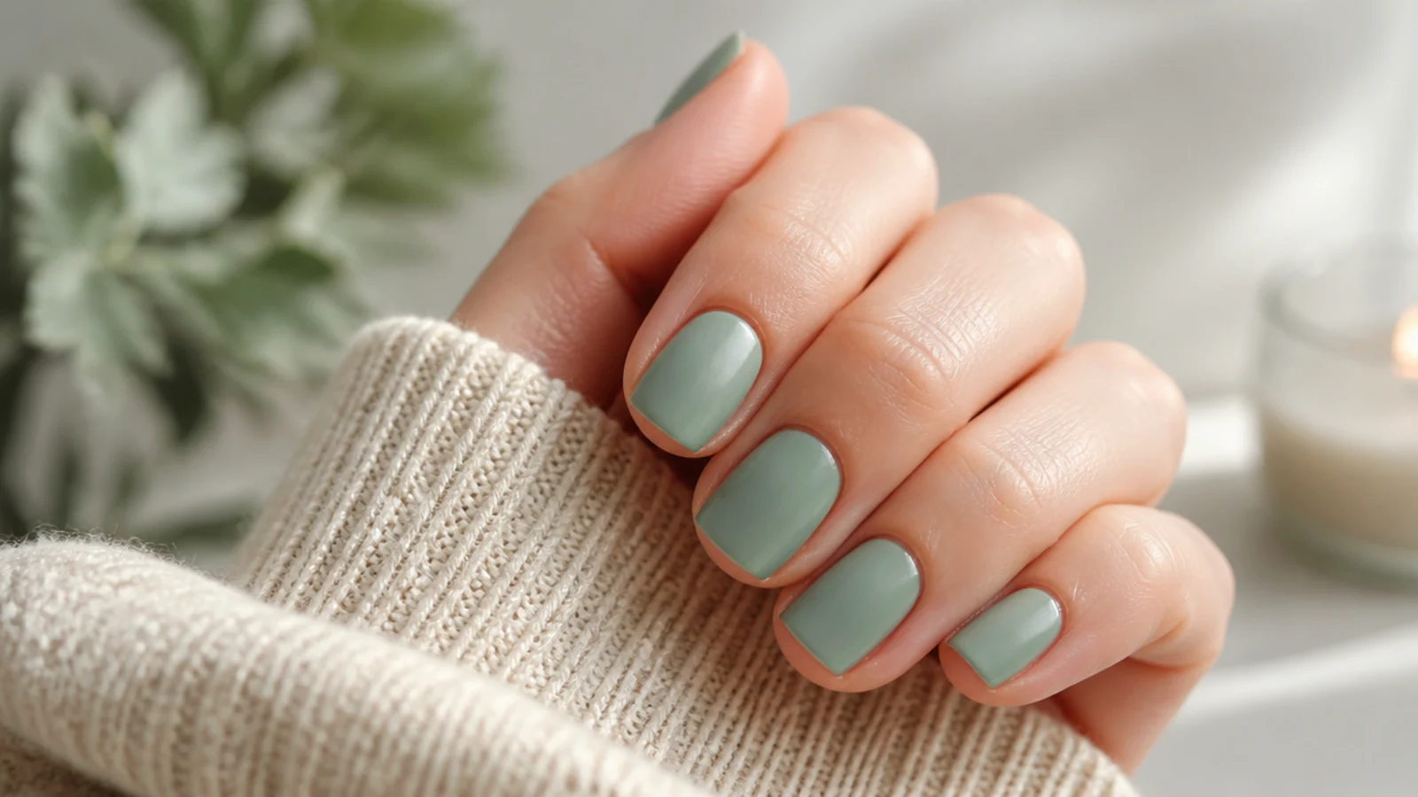 Short squoval nails in soft muted sage green with a satin finish