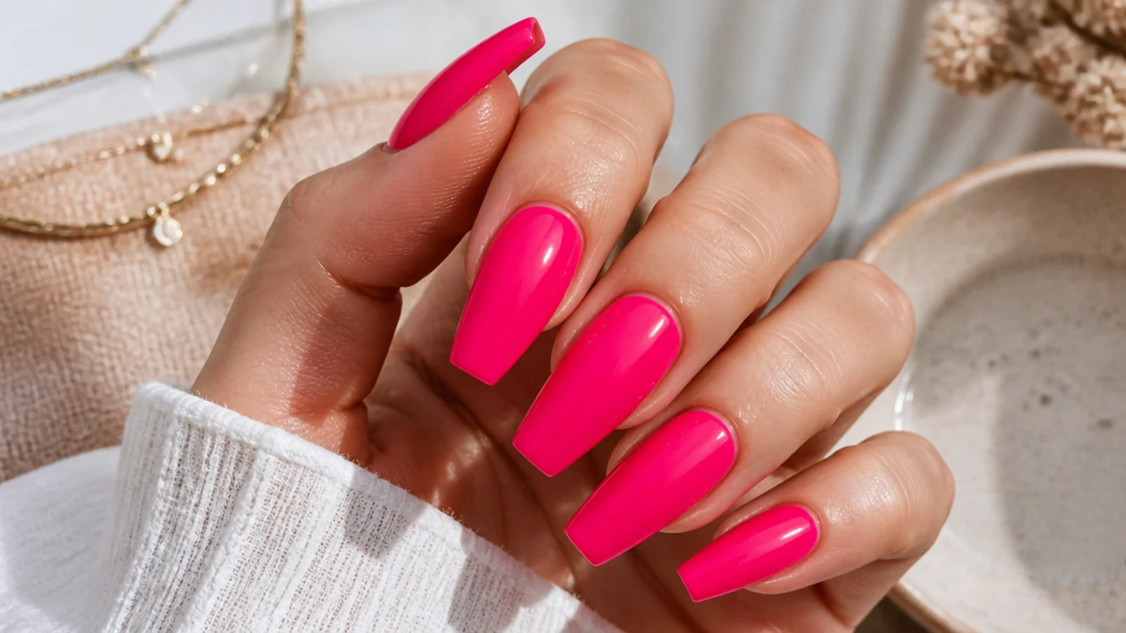 Medium coffin nails in bright hot pink with a glossy opaque summer finish