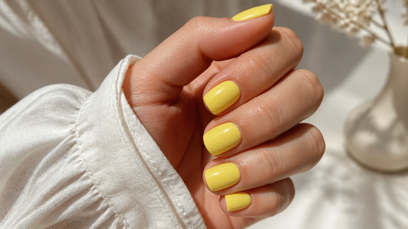 Short square nails in bright lemon yellow with a clean glossy finish